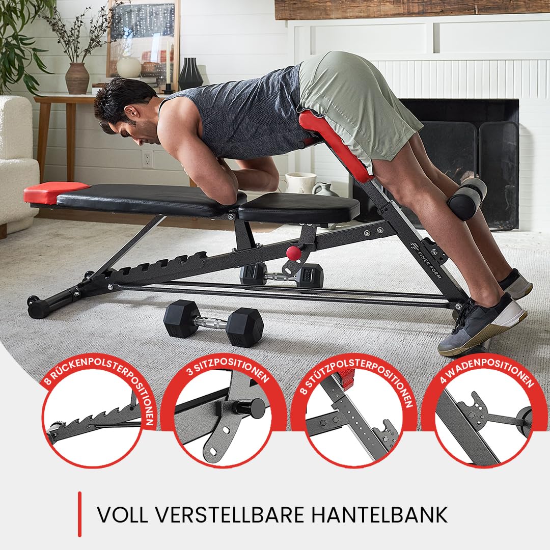 Finer Form Multifunktionale FID Hantelbank für Ganzkörpertraining, übergroße Rückenverlängerung, römischer Stuhl, verstellbare Bauchmuskelbank, Schrägbank, Flachbank