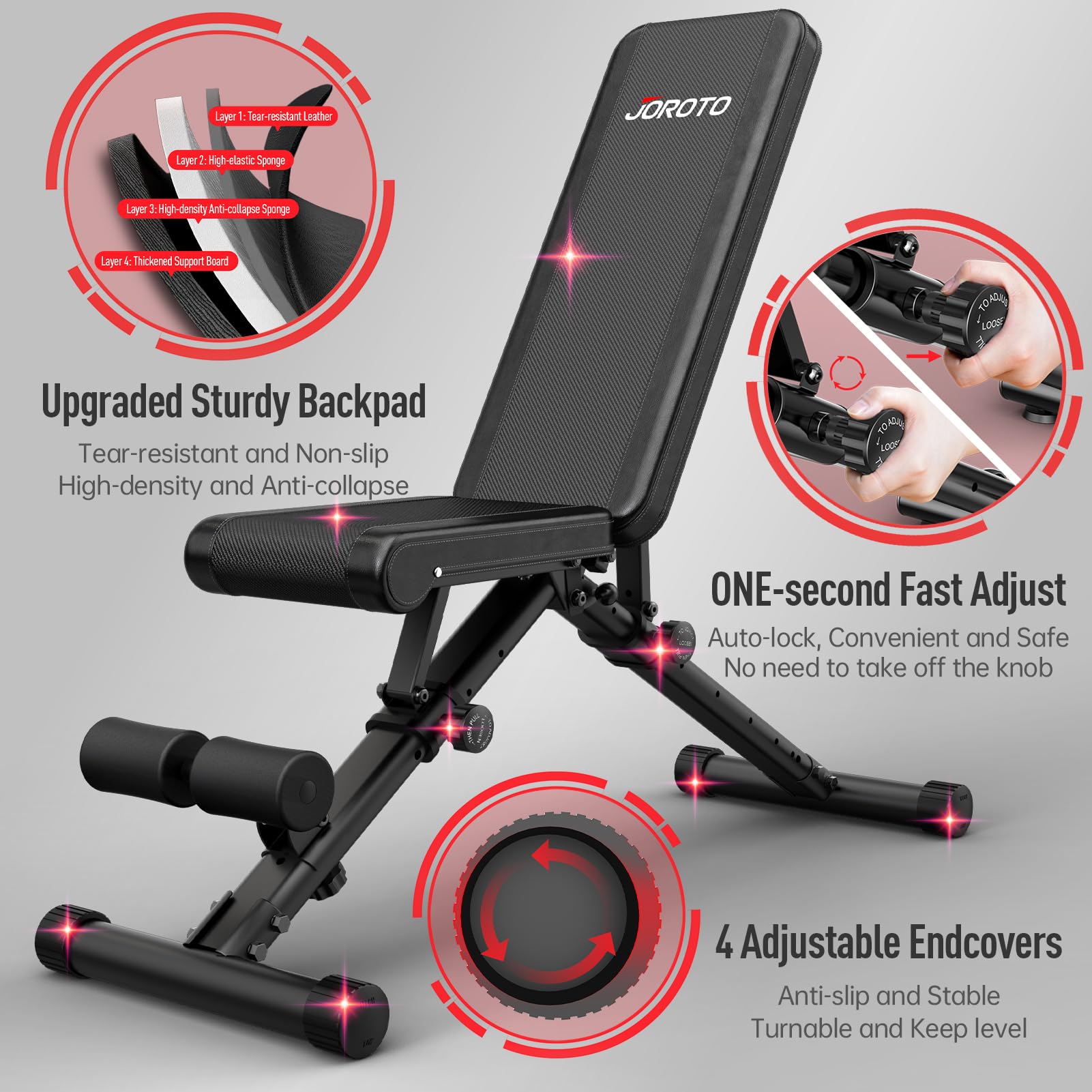 JOROTO Verstellbare Hantelbank Klappbare Bauch Folding Flach Einstellbar Trainingsbank mit 318 kg Belastung für Zuhause, Bankdrücken Bank mit Ein-Knopf-Faltdesign (Modell:MD35)